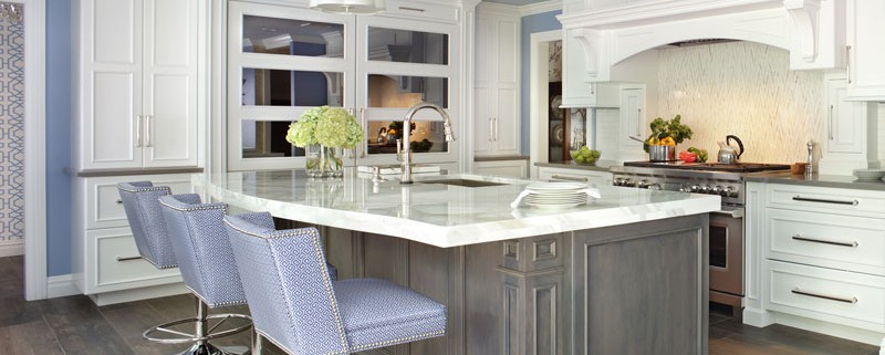Transitional White Kitchen with Morning Mist Stain on Maple Island
