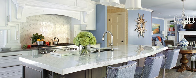 Range Hood Transitional White Kitchen with Morning Mist Stain on Maple Island