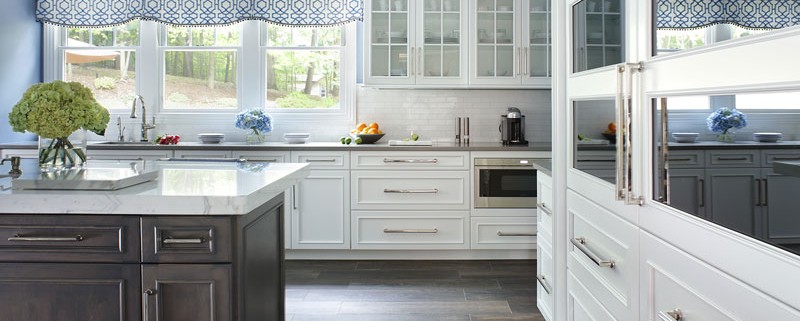 Transitional White Kitchen and Morning Mist Stain on Maple Island