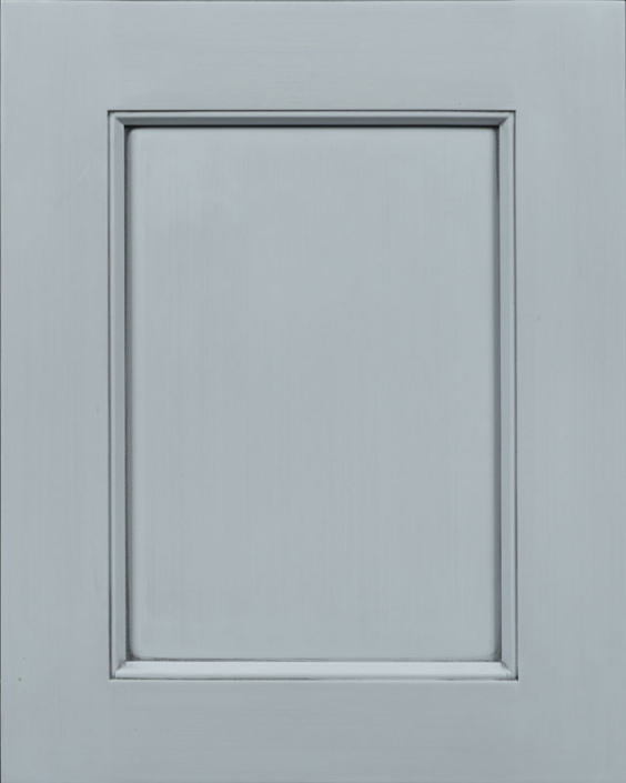 Woodmont Flat Panel Door Style with Cottage Blue Enamel with Light Black Brushed Shadow on Maple Wood