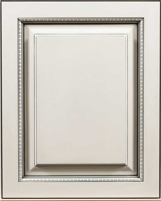 Alameda Raised Panel Door Style with Frosty White Enamel and Bold Pewter Shadow on Maple Wood