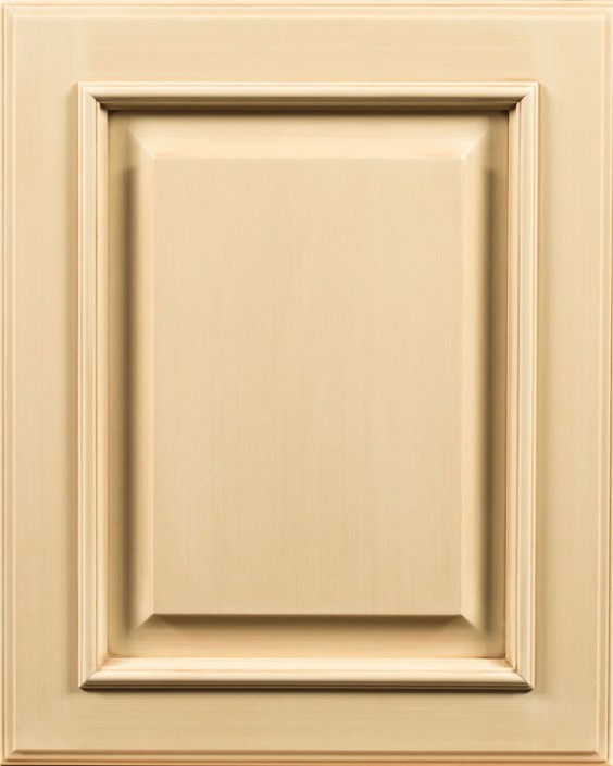 Aspen Raised Panel Door Style with Vanilla Cream Enamel and Lite Brown Brushed Shadow on Maple