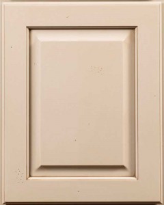 Yellowstone Raised Panel Door Style with Sandstone Enamel, Lite brown Shadow and Worn Distressing on Maple Wood